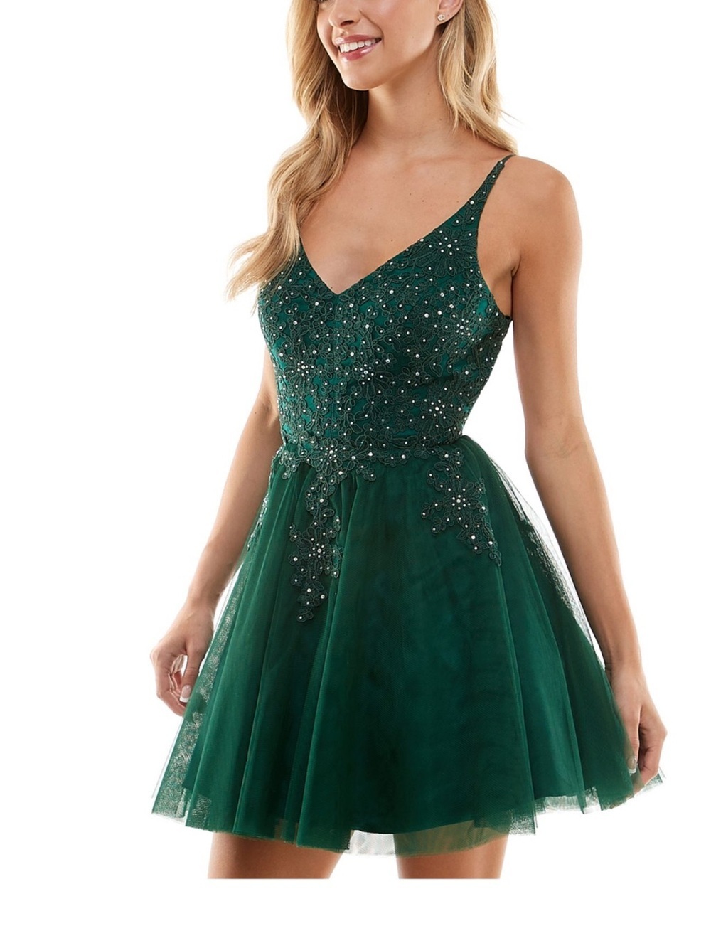 Dark Green Beaded V-Neck Tulle Prom Dress